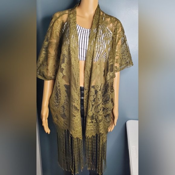 EMERETTE OPEN MESH Cover Up DARK GREEN Shawl SZ M Kimono FRINGE GREAT CONDITION - Picture 3 of 14